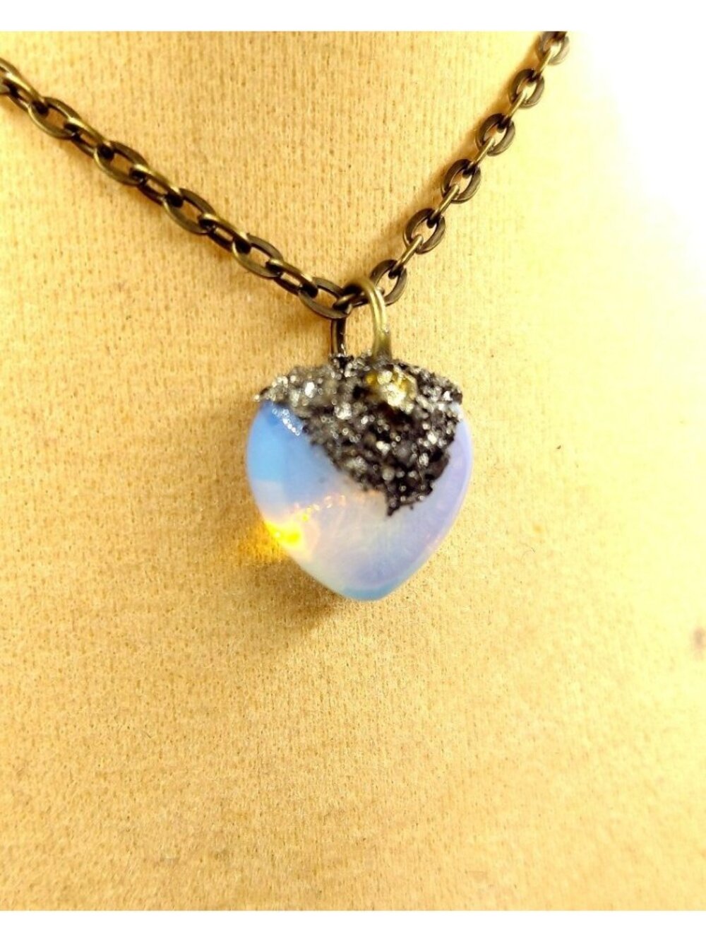 Opalite and pyrite heart crystal necklace handmade minimal jewelry ooak